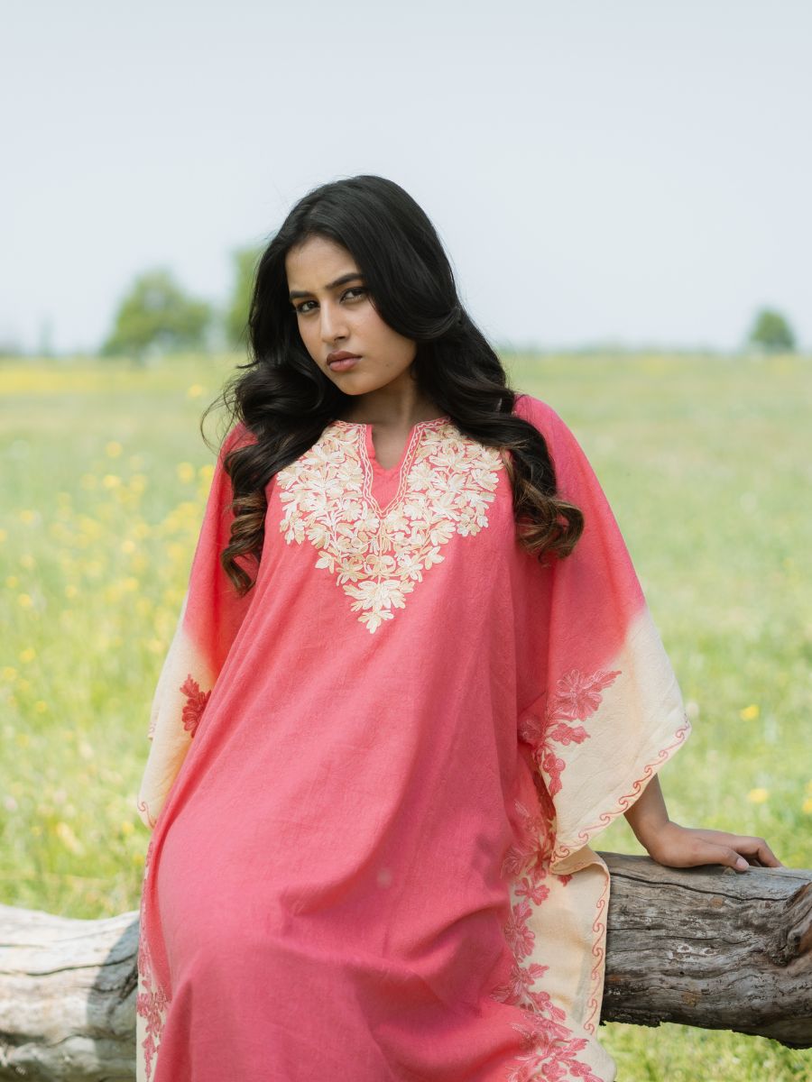 Coral Sunset Cotton Kaftan with Vanilla Cream Aari Embroidery - KaarKash