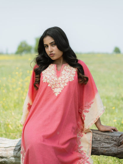 Coral Sunset Cotton Kaftan with Vanilla Cream Aari Embroidery - KaarKash