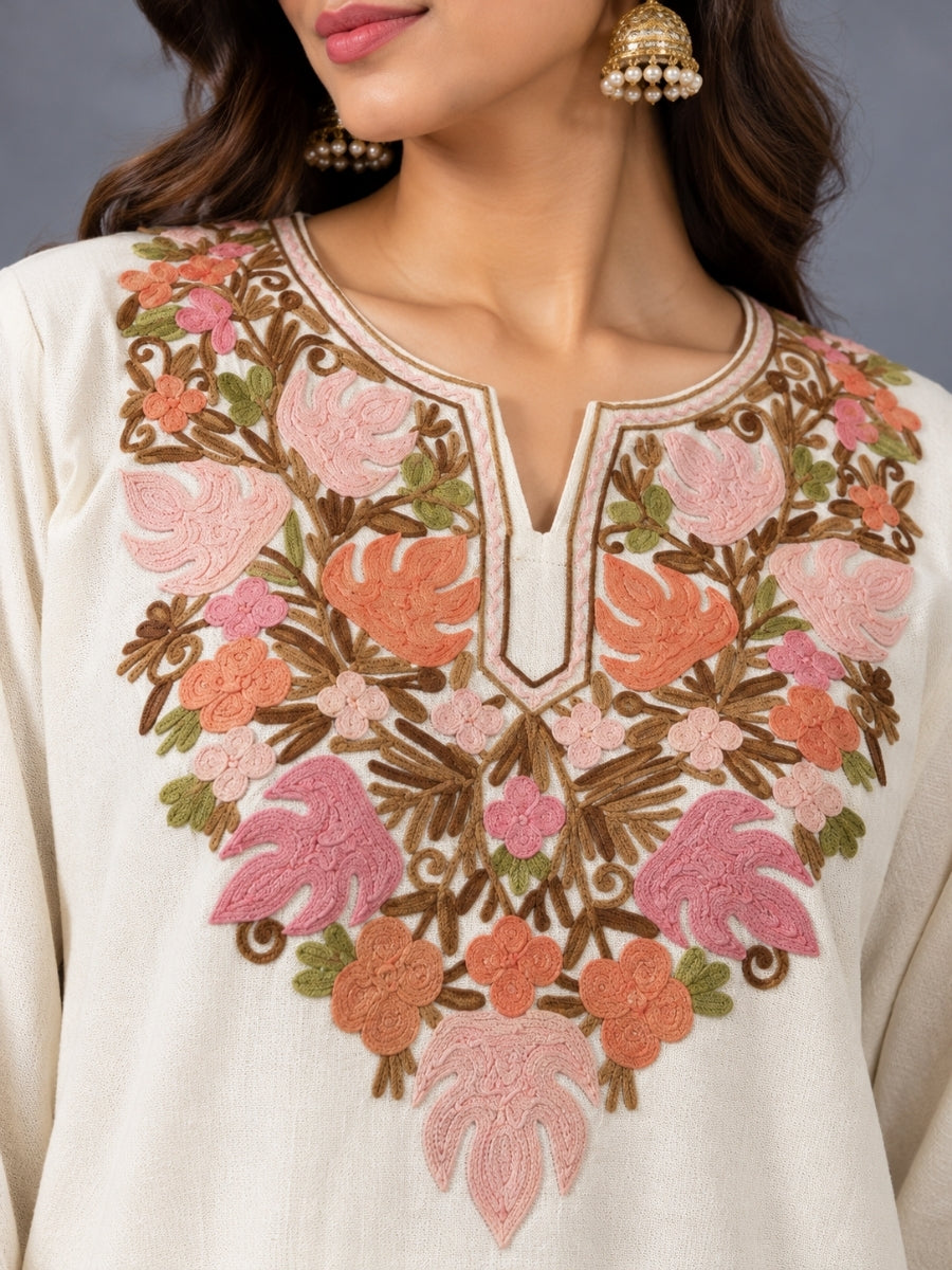 White Kashmiri Pheran with Mustard & Gold Floral Embroidery | Manual Aari Embroidered Wool Phiran
