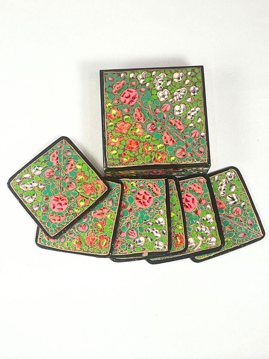 Golden Multi Floral Handmade Paper Mache Coaster Set - KaarKash