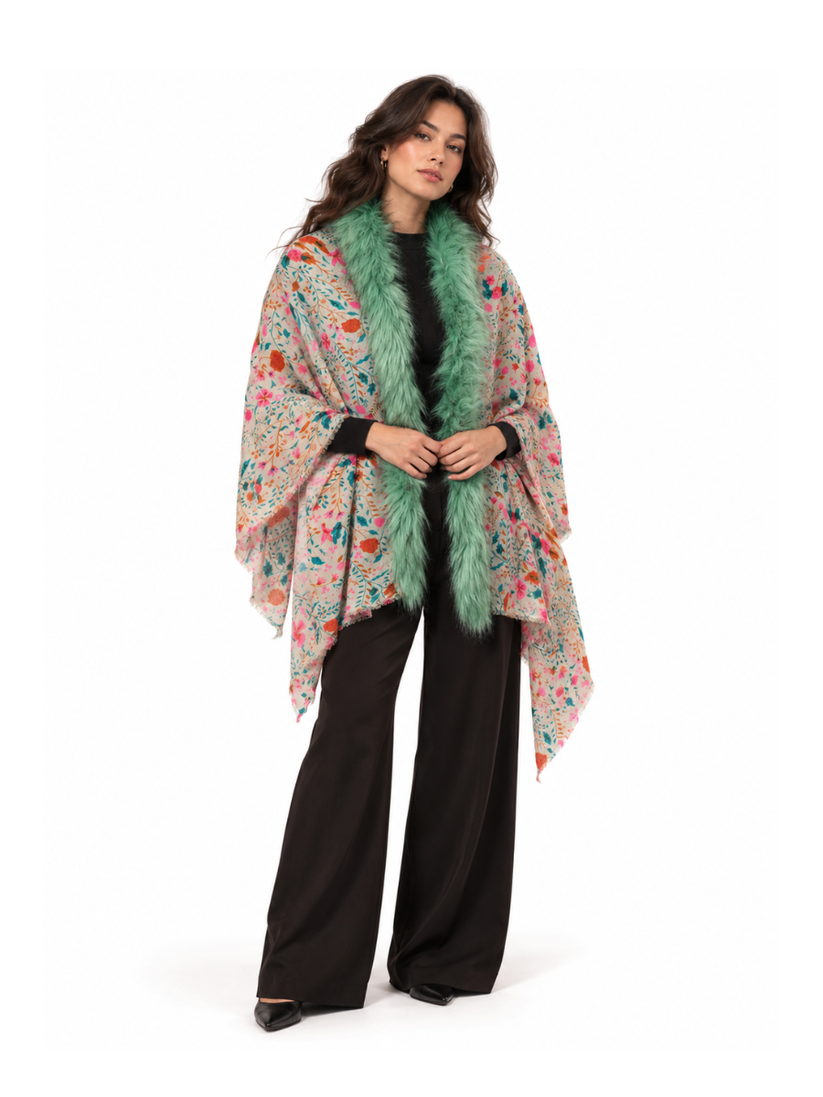 Mint Reverie Floral Print Shawl with Faux-Fur Trim