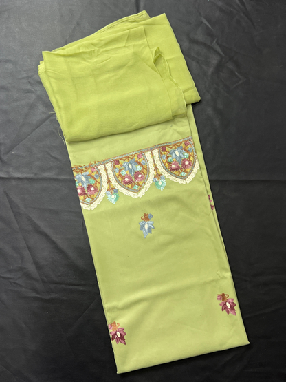 Kashmiri Botti Aari 3 Piece Unstitched Suit  | Olive Green