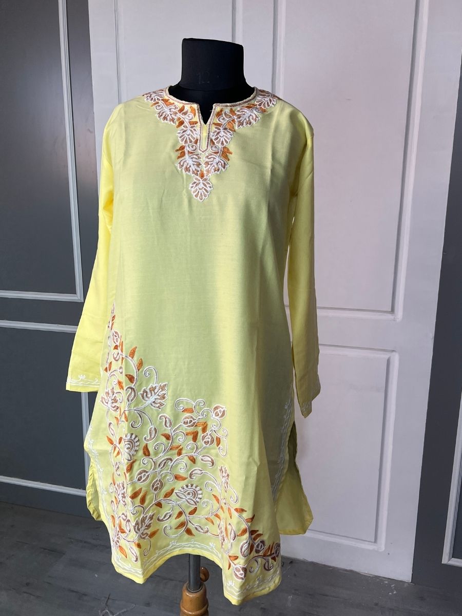 Noor : Aari embroidery summer kurti | Light yellow