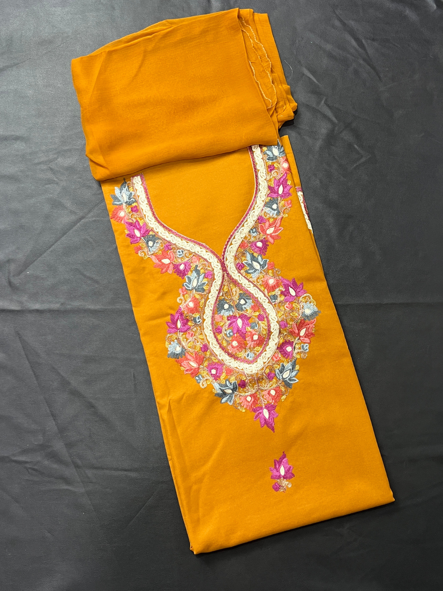 Kashmiri Botti Aari 3 Piece Unstitched Suit  | Mustard Yellow