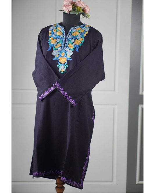 Black kashmiri aari worked phiran- with hues of green blue embroidery