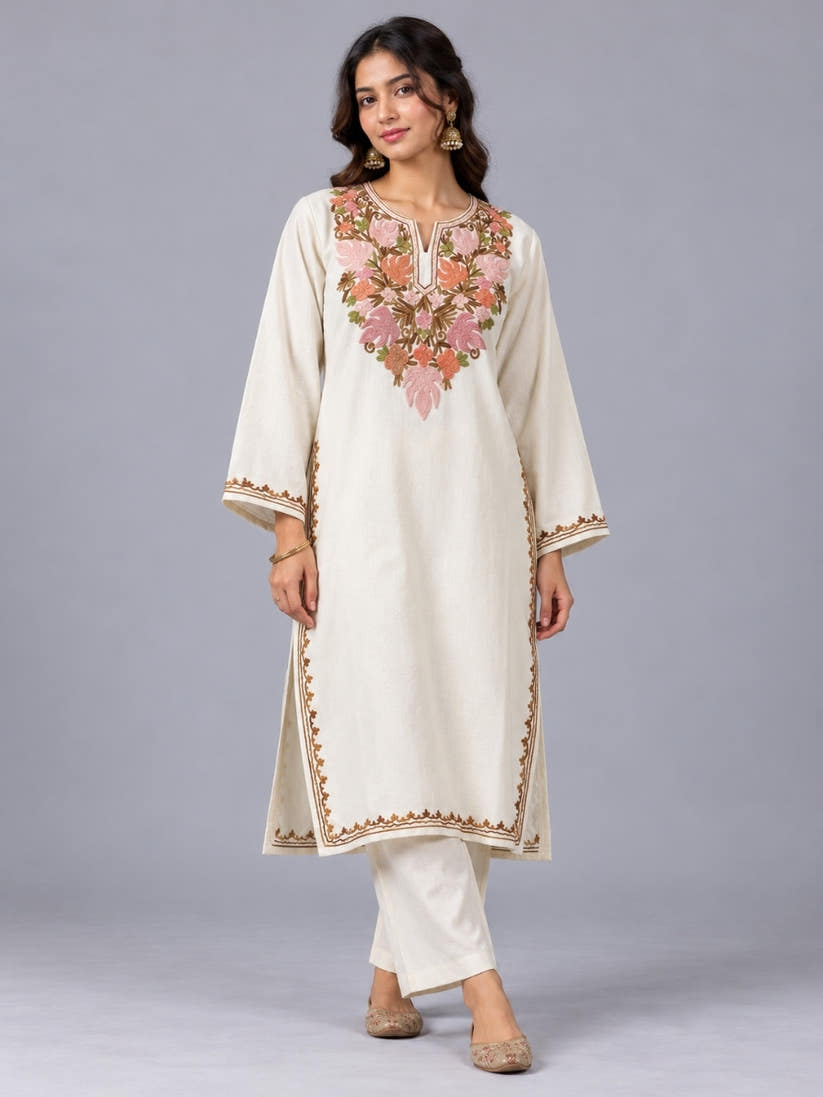 White Kashmiri Pheran with Mustard & Gold Floral Embroidery | Manual Aari Embroidered Wool Phiran