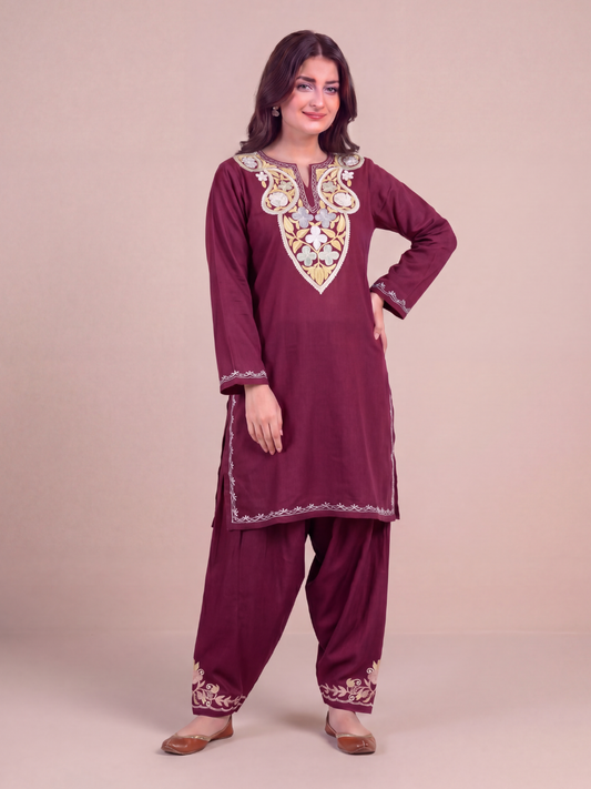 Kashmir Aari cotton Co-Ord Set | Dark Red