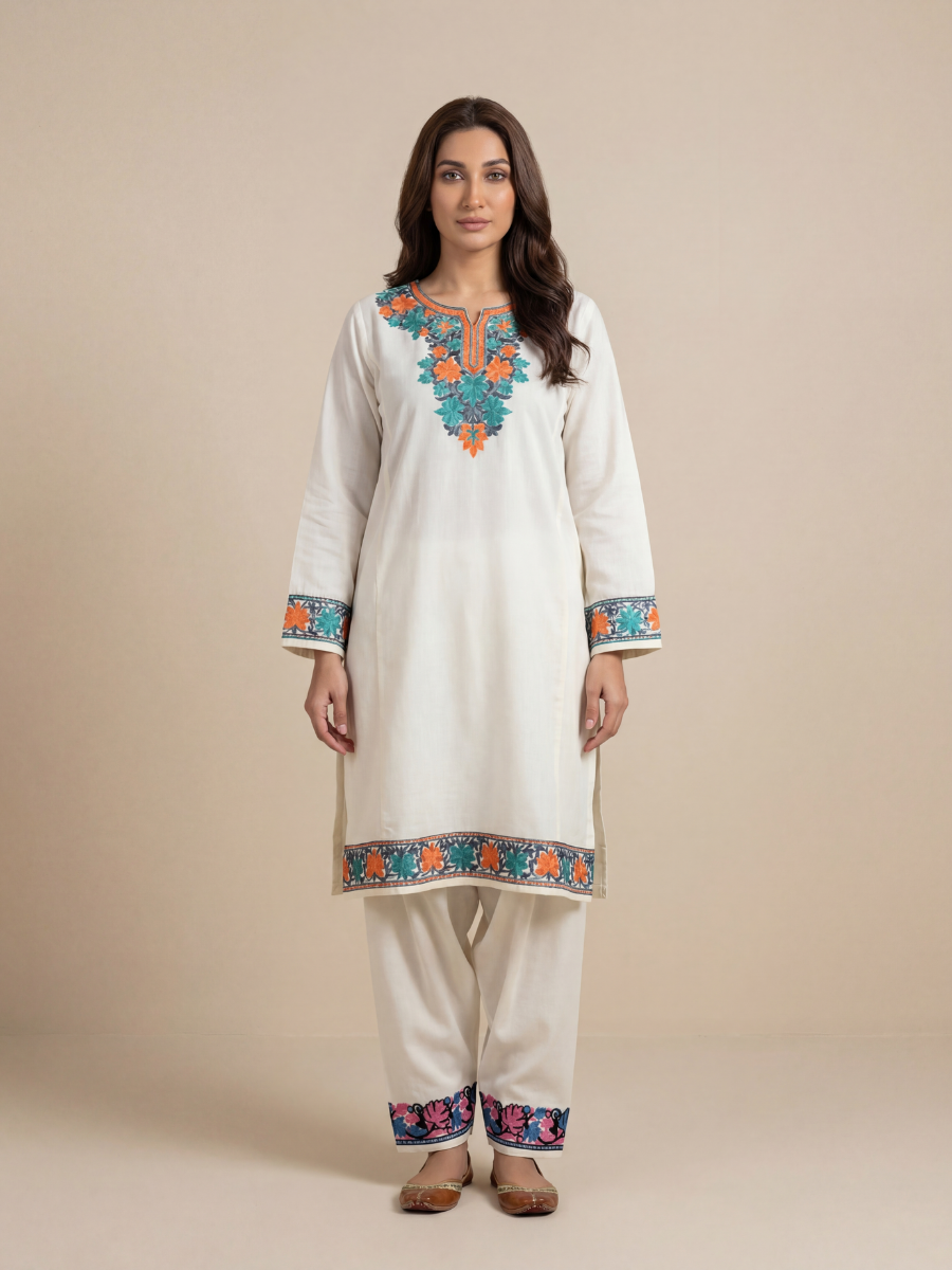 Noor : Kashmiri Aari embroidery summer Co-Ord Set | Light Gray