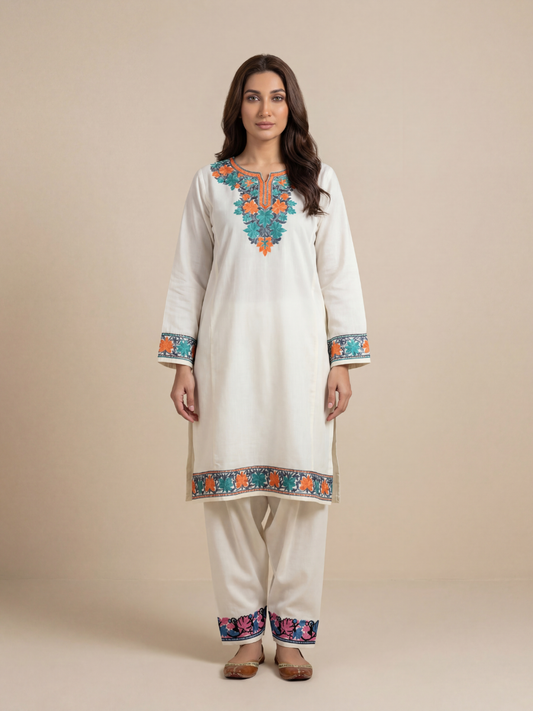 Noor : Kashmiri Aari embroidery summer Co-Ord Set | Light Gray