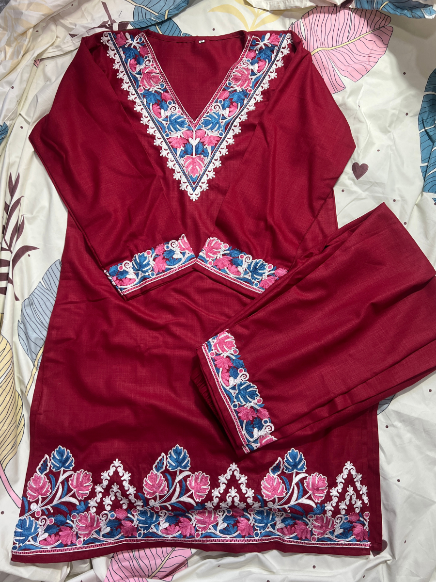 Noor : Aari embroidery summer Co-Ord Set | Dark Red