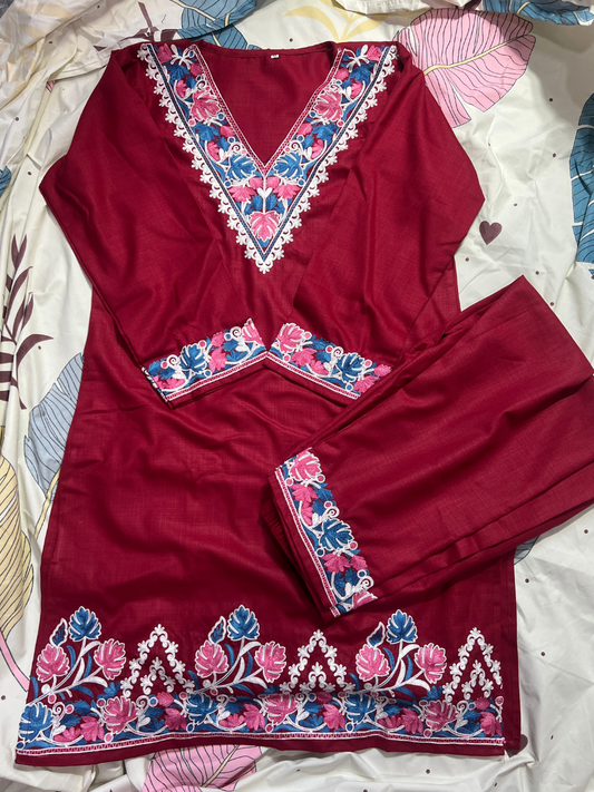 Noor : Aari embroidery summer Co-Ord Set | Dark Red