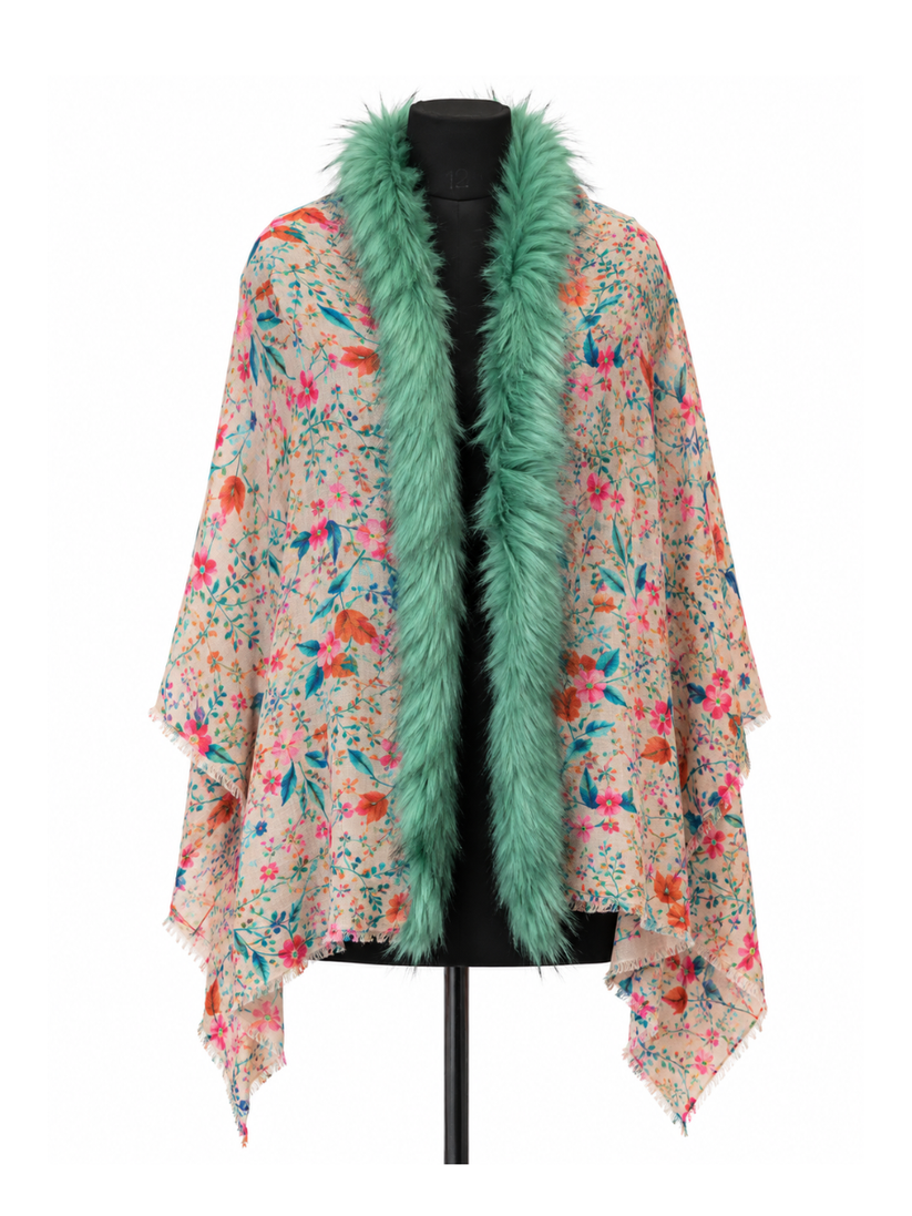 Mint Reverie Floral Print Shawl with Faux-Fur Trim