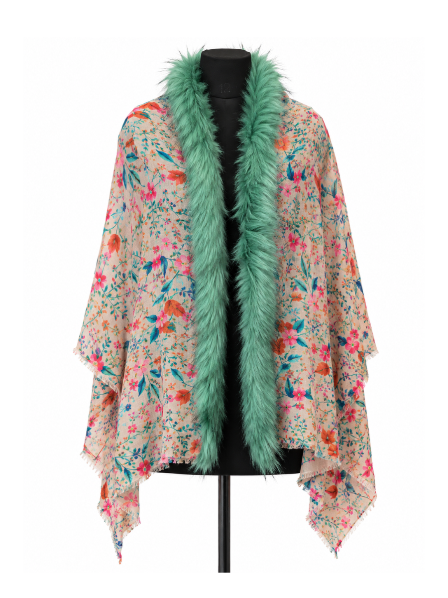Mint Reverie Floral Print Shawl with Faux-Fur Trim