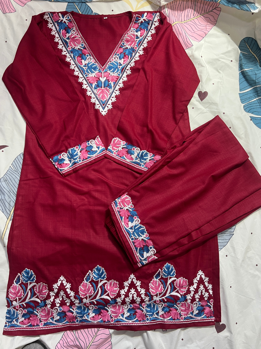 Noor : Aari embroidery summer Co-Ord Set | Dark Red