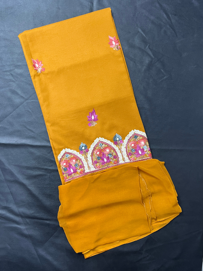 Kashmiri Botti Aari 3 Piece Unstitched Suit  | Mustard Yellow