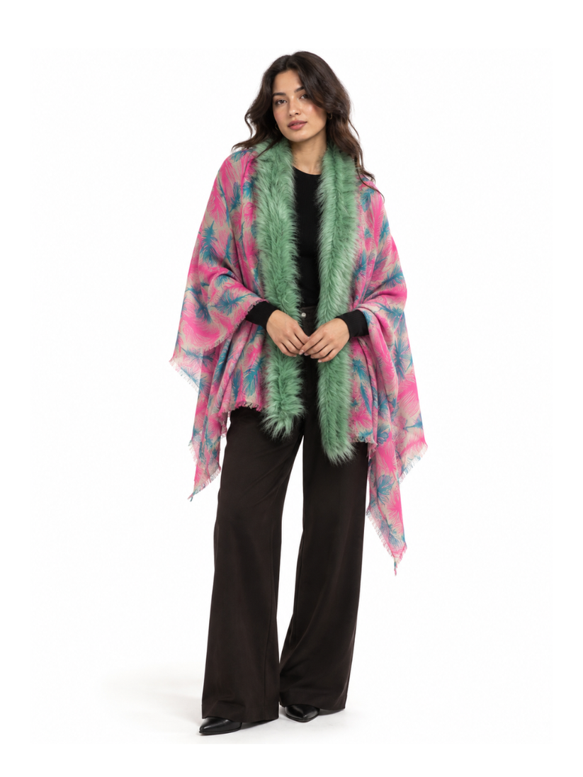 Pink Paradise Shawl with Mint Green Plush Collar