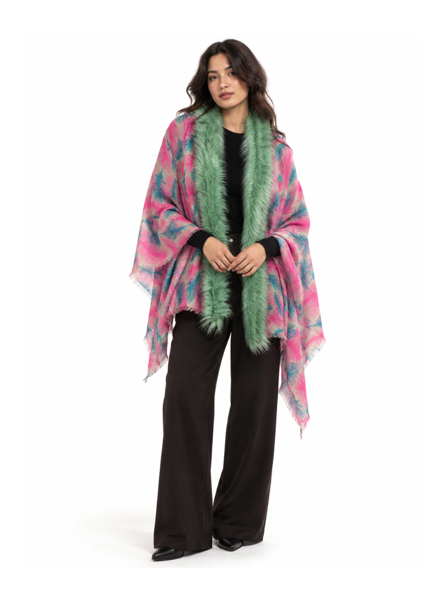 Pink Paradise Shawl with Mint Green Plush Collar