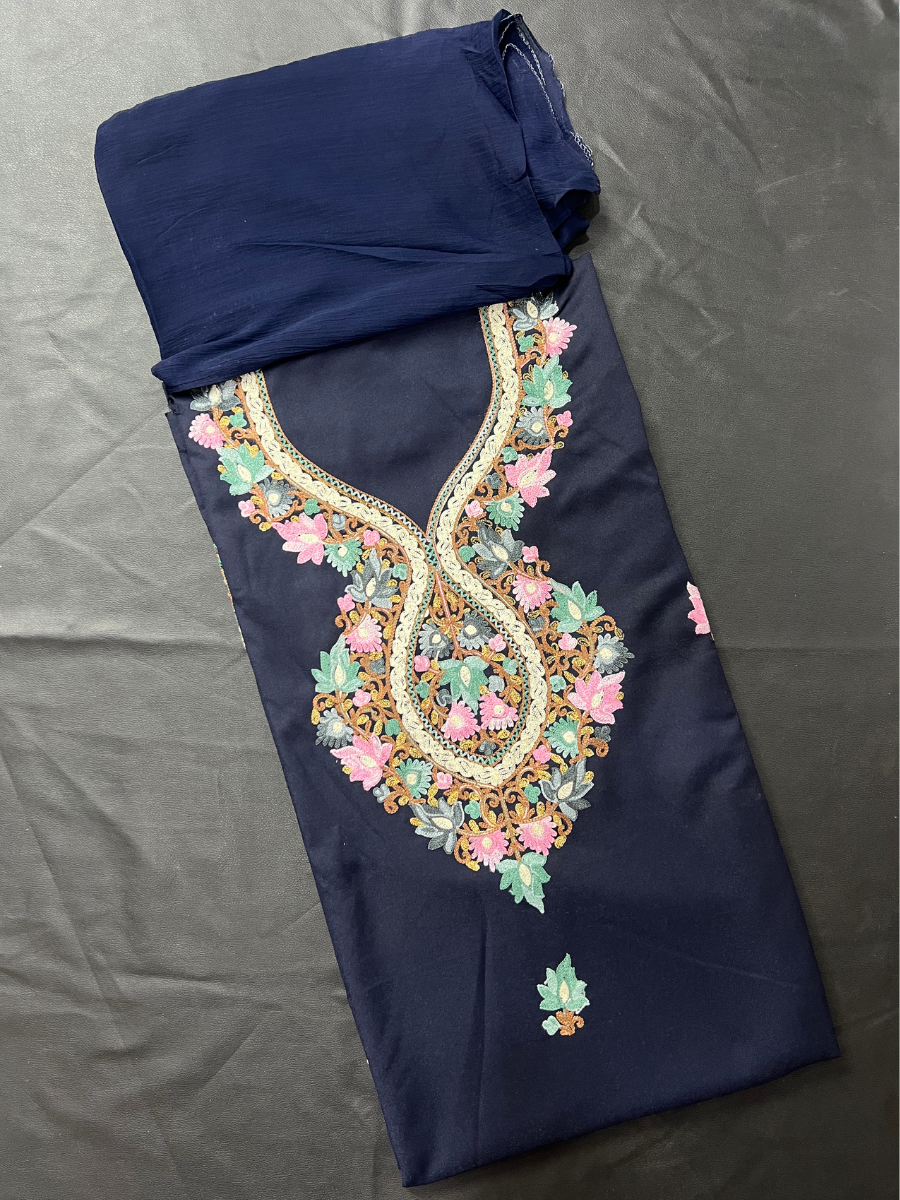 Kashmiri Botti Aari 3 Piece Unstitched Suit  | Indigo Blue