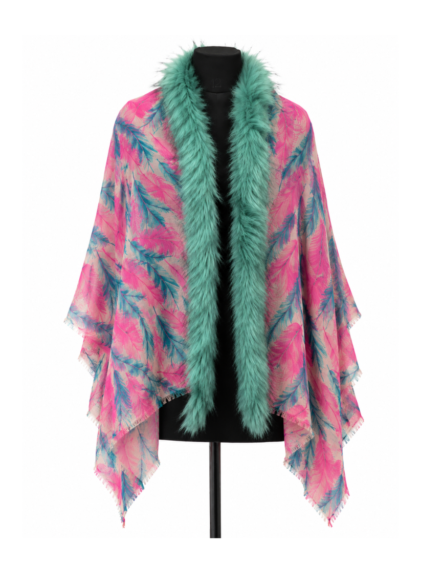 Pink Paradise Shawl with Mint Green Plush Collar