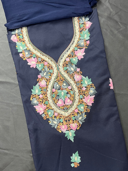 Kashmiri Botti Aari 3 Piece Unstitched Suit  | Indigo Blue