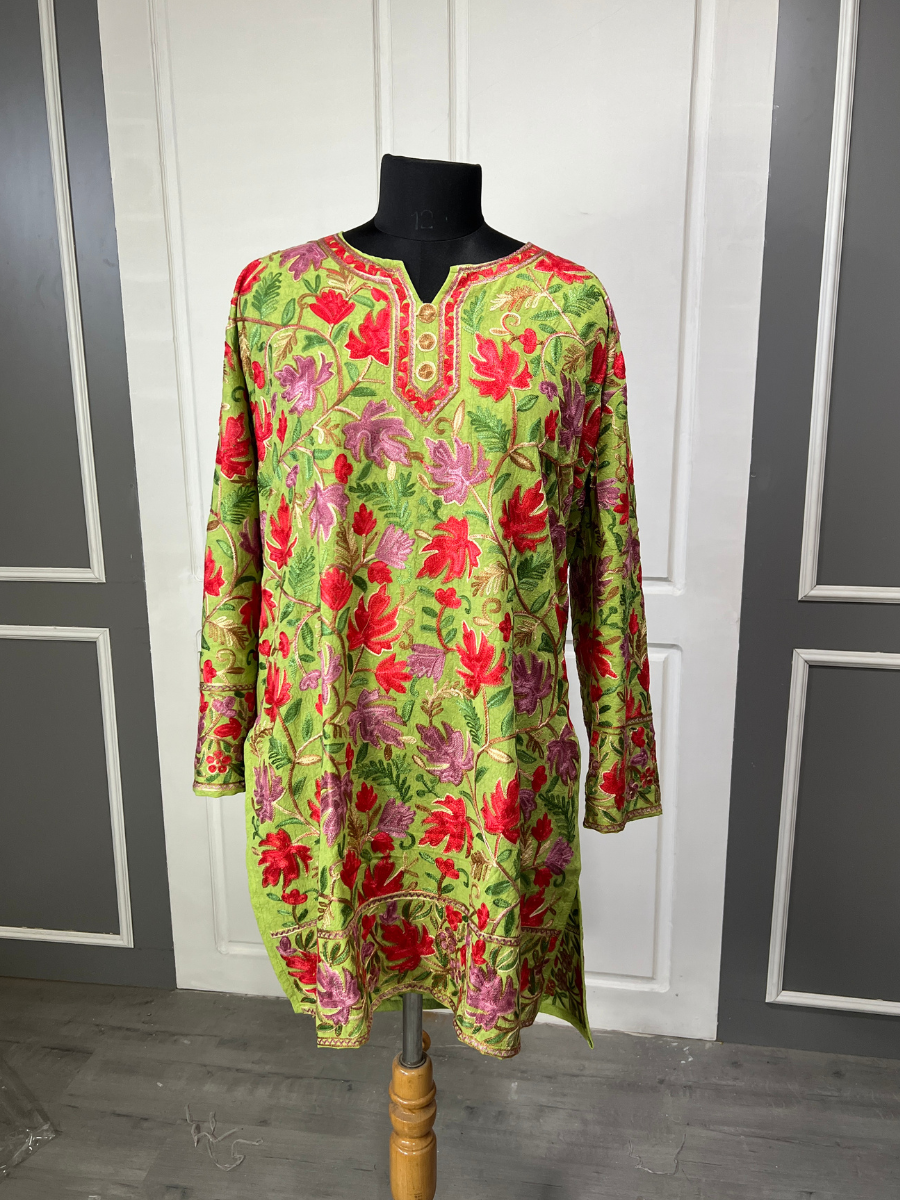 Noor : chinar embroidery summer kurti | Olive Green