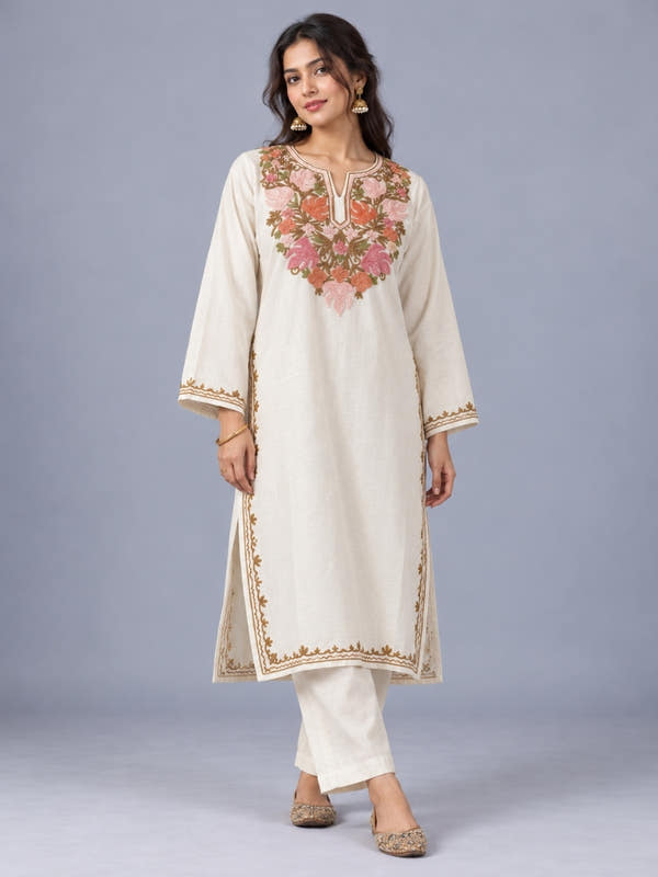 White Kashmiri Pheran with Mustard & Gold Floral Embroidery | Manual Aari Embroidered Wool Phiran