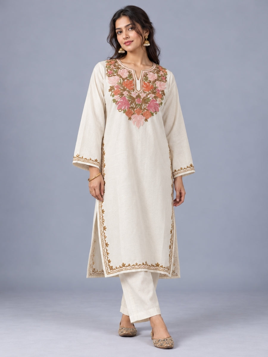 White Kashmiri Pheran with Mustard & Gold Floral Embroidery | Manual Aari Embroidered Wool Phiran