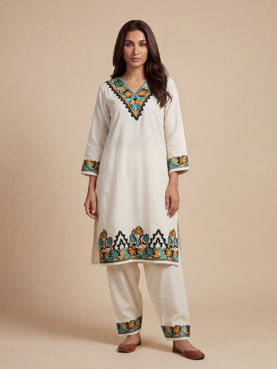 Noor : Kashmiri Aari embroidery summer Co-Ord Set | Light Gray