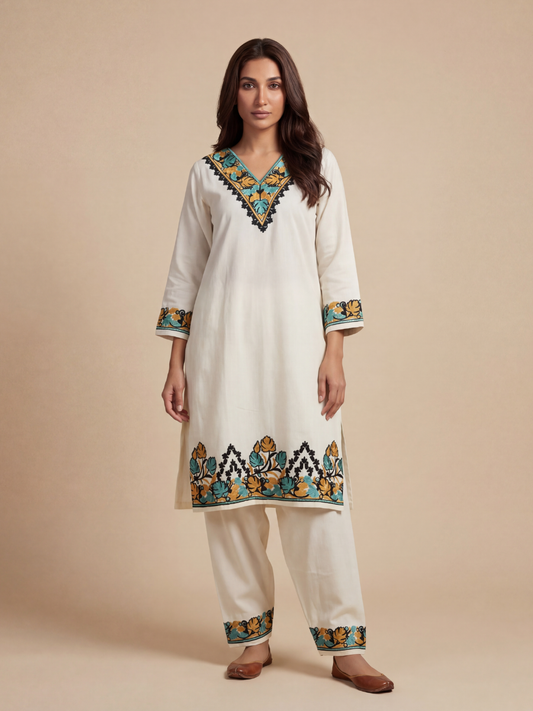 Noor : Kashmiri Aari embroidery summer Co-Ord Set | Light Gray