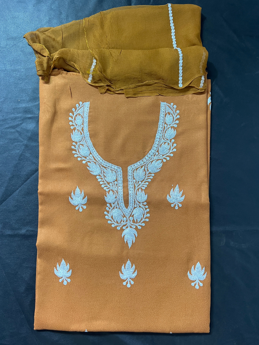 Kashmiri Botti Tilla 3 Piece Unstitched Suites | Brown