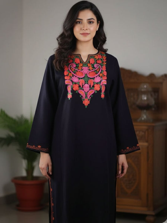 Kashmiri Aari Embroidered Phiran – Pink, Red and Green | Black