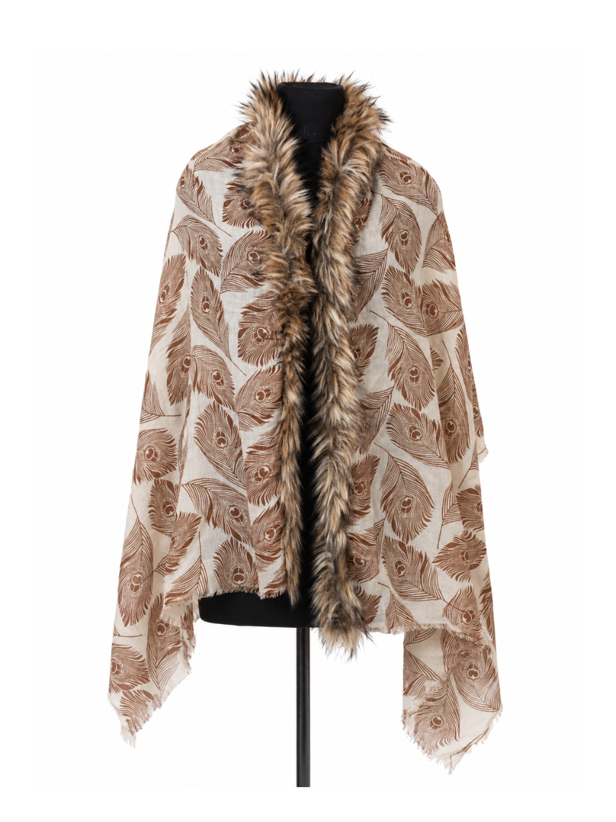 Autumn Plume Shawl with Faux-Fur Border