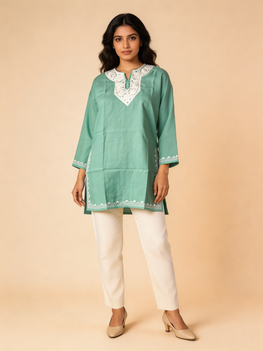 Noor : Aari embroidery summer kurti | Ocean Teal