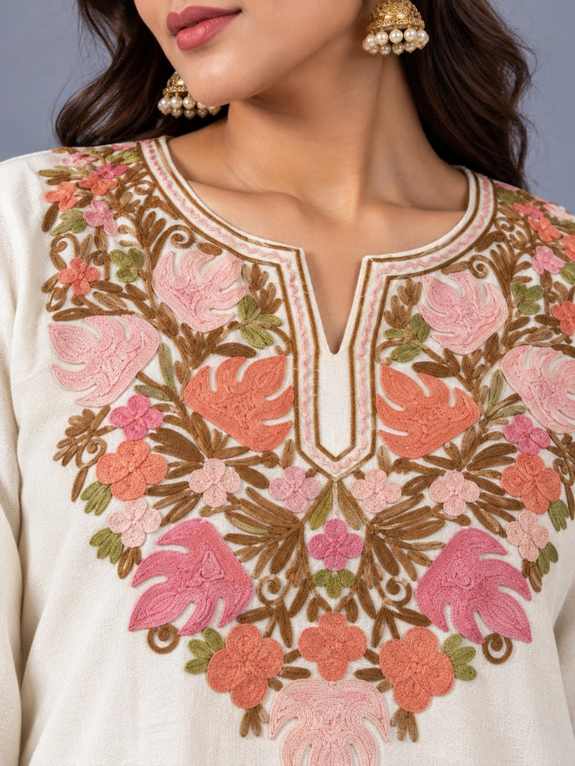 White Kashmiri Pheran with Mustard & Gold Floral Embroidery | Manual Aari Embroidered Wool Phiran