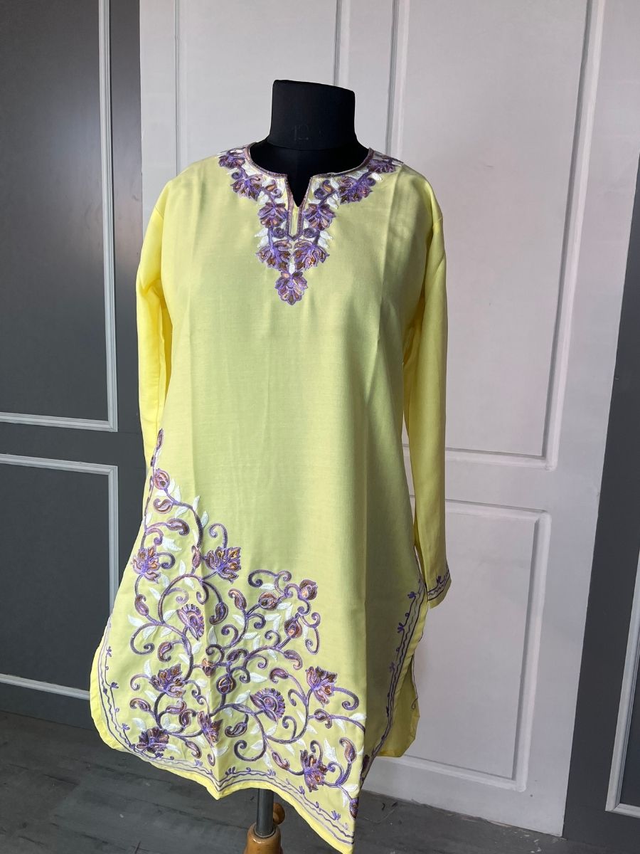 Noor : Aari embroidery summer kurti | Light yellow