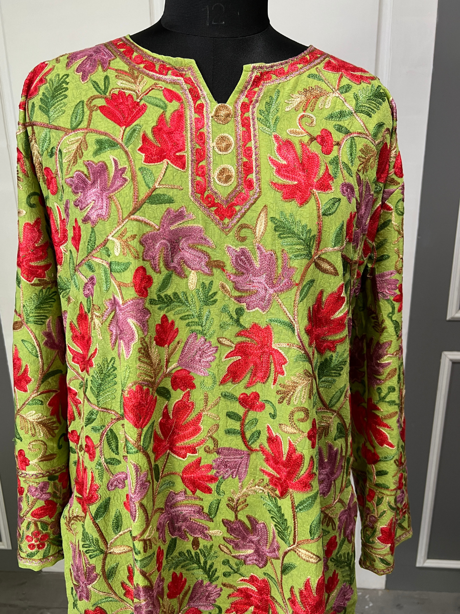 Noor : chinar embroidery summer kurti | Olive Green