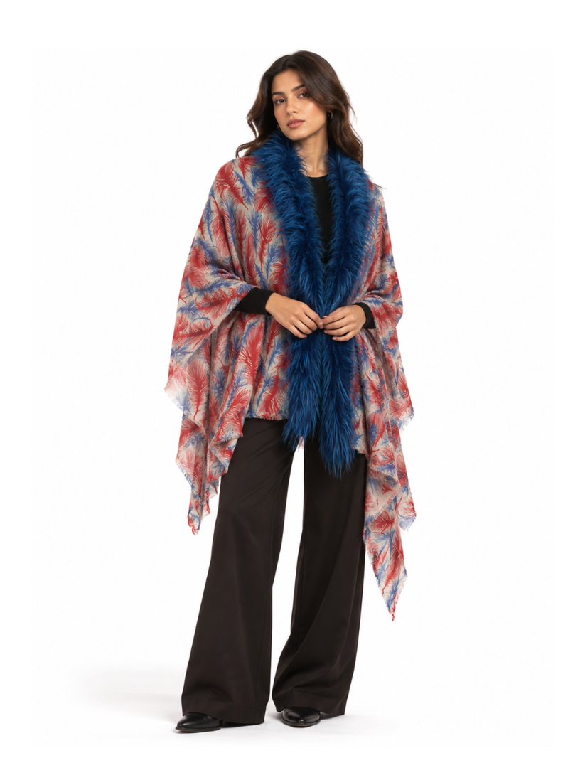 Scarlet & Sapphire Feather Print Shawl