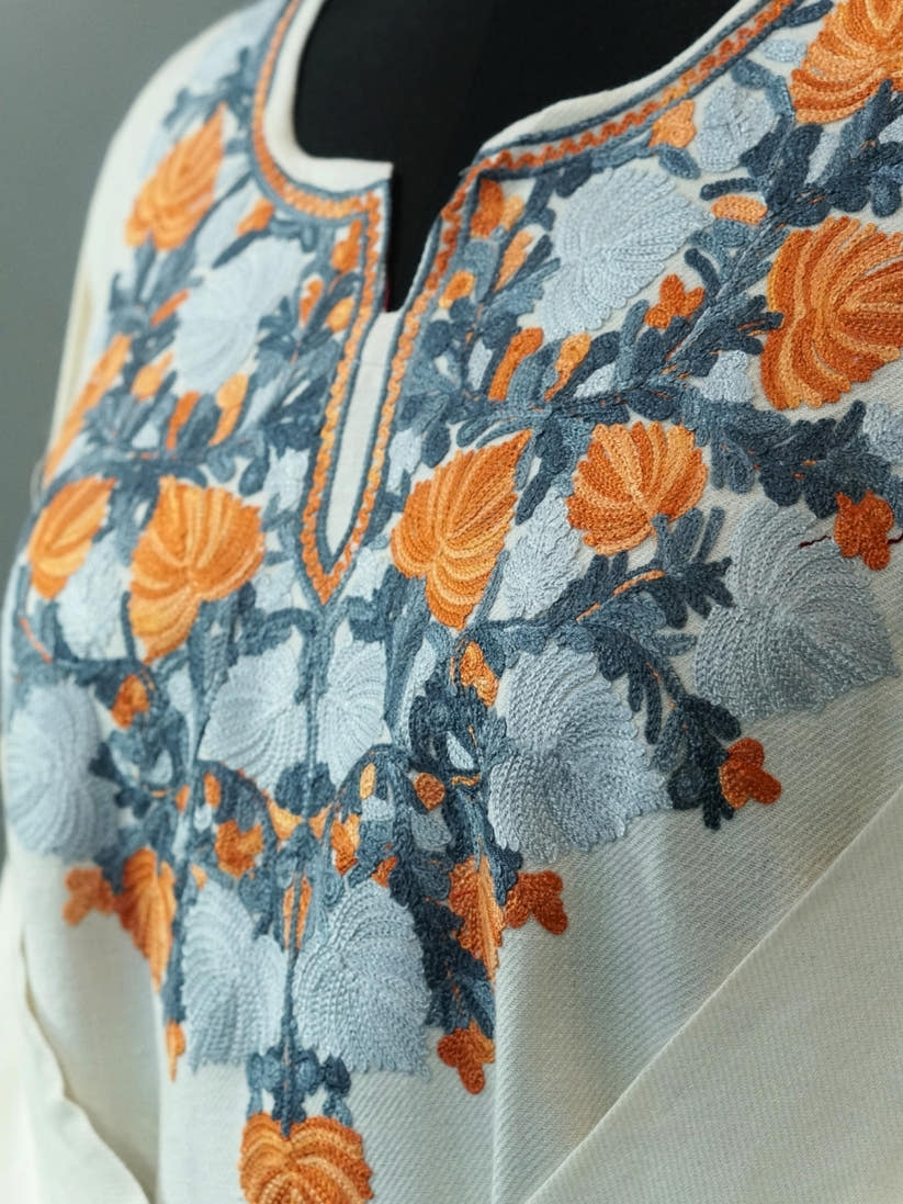 White Kashmiri Pheran with Floral Embroidery | Aari Embroidered Wool Phiran