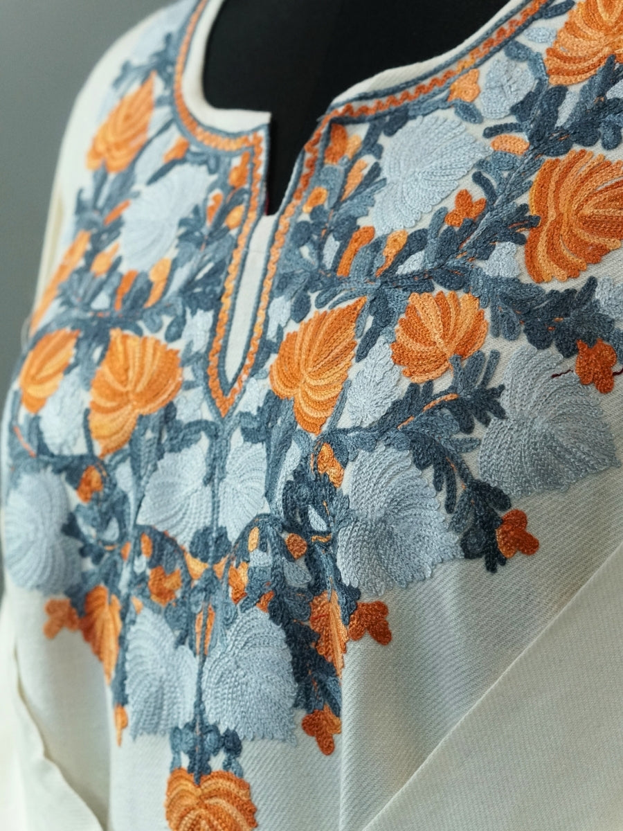 White Kashmiri Pheran with Floral Embroidery | Aari Embroidered Wool Phiran