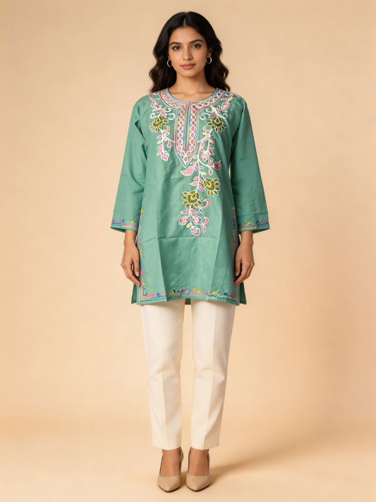 Noor : Aari embroidery summer kurti | Sea Green