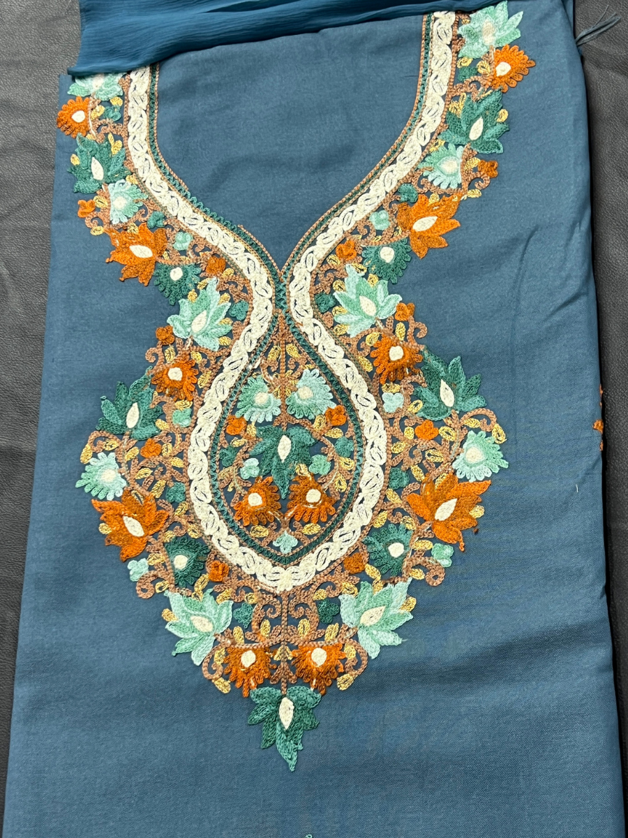 Kashmiri Botti Aari 3 Piece Unstitched Suit  | Blue Gray
