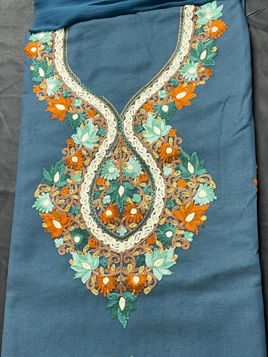 Kashmiri Botti Aari 3 Piece Unstitched Suit  | Blue Gray