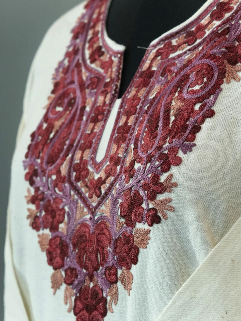 White Kashmiri Pheran with Floral Embroidery | Aari Embroidered Wool Phiran