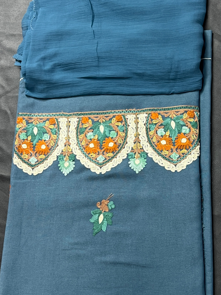 Kashmiri Botti Aari 3 Piece Unstitched Suit  | Blue Gray