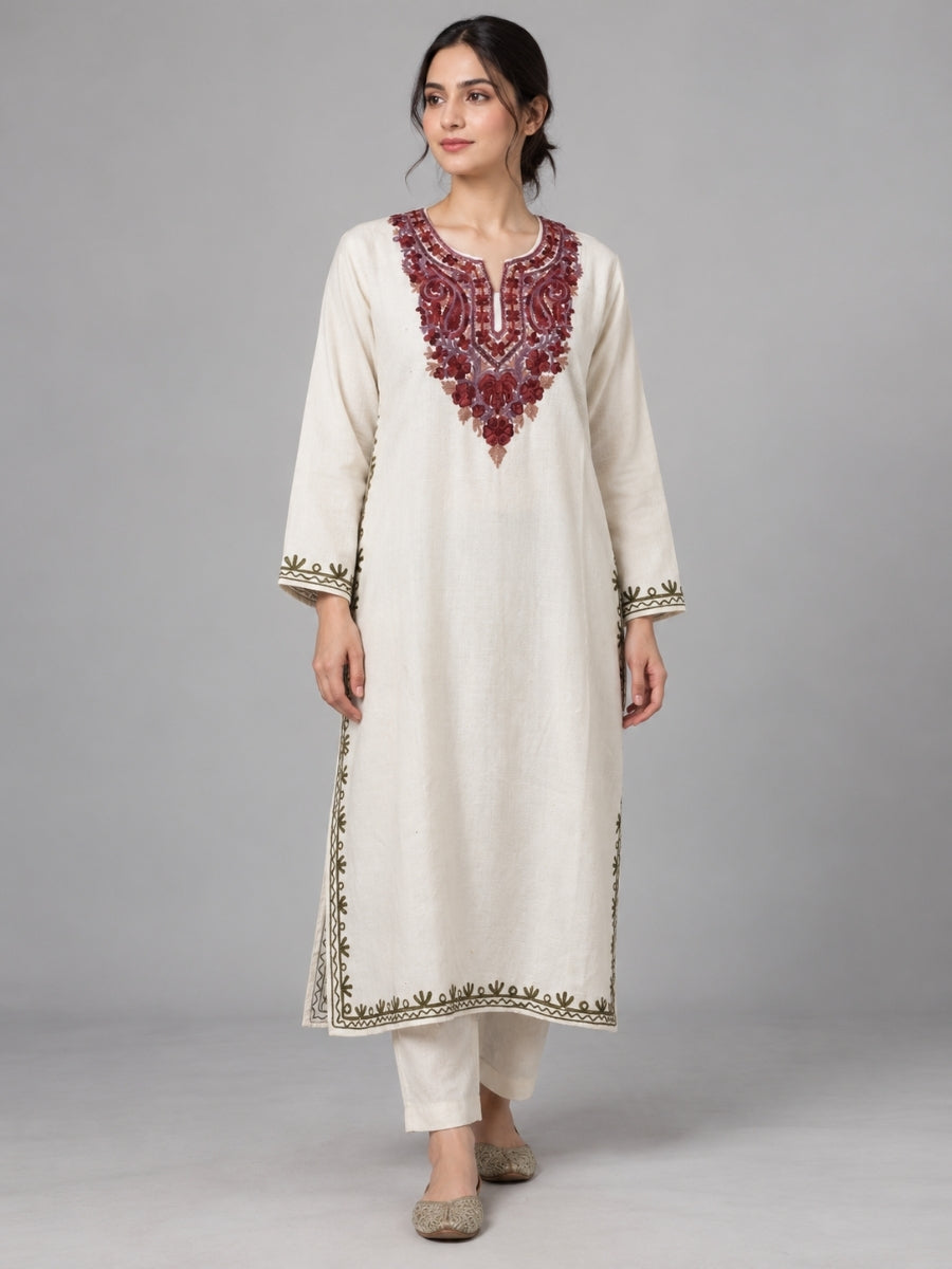 White Kashmiri Pheran with Floral Embroidery | Aari Embroidered Wool Phiran