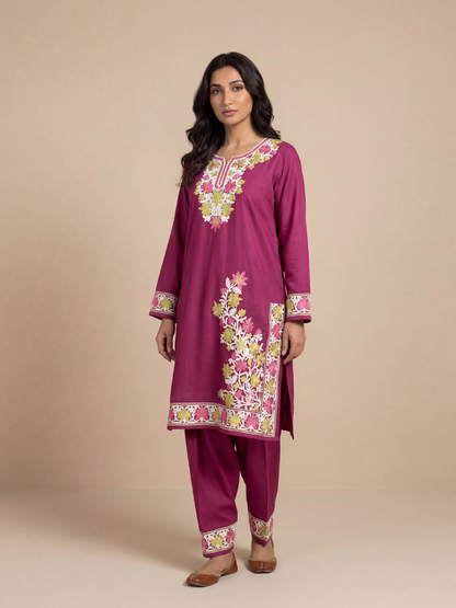 Noor : Aari embroidery summer Co-Ord Set | Plum
