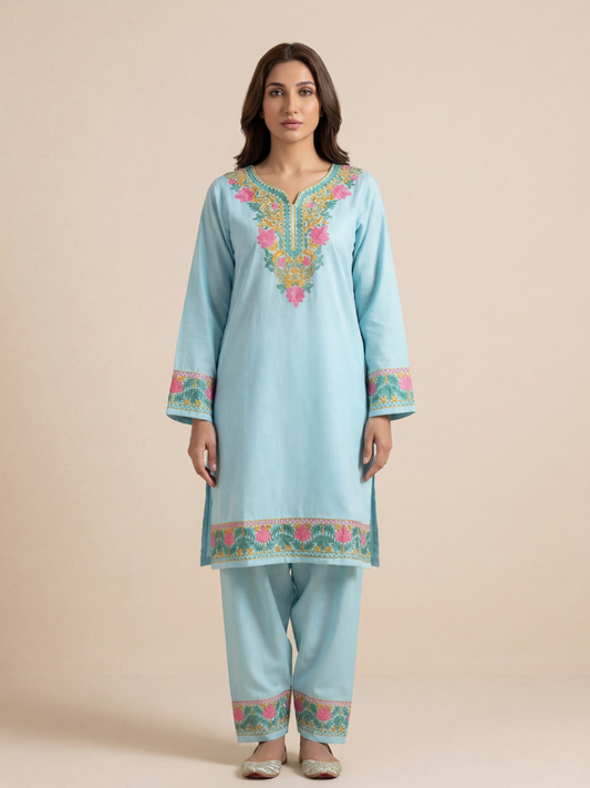Noor : Kashmiri Aari embroidery summer Co-Ord Set | Aqua