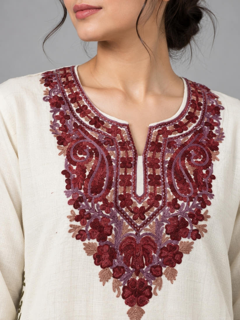 White Kashmiri Pheran with Floral Embroidery | Aari Embroidered Wool Phiran