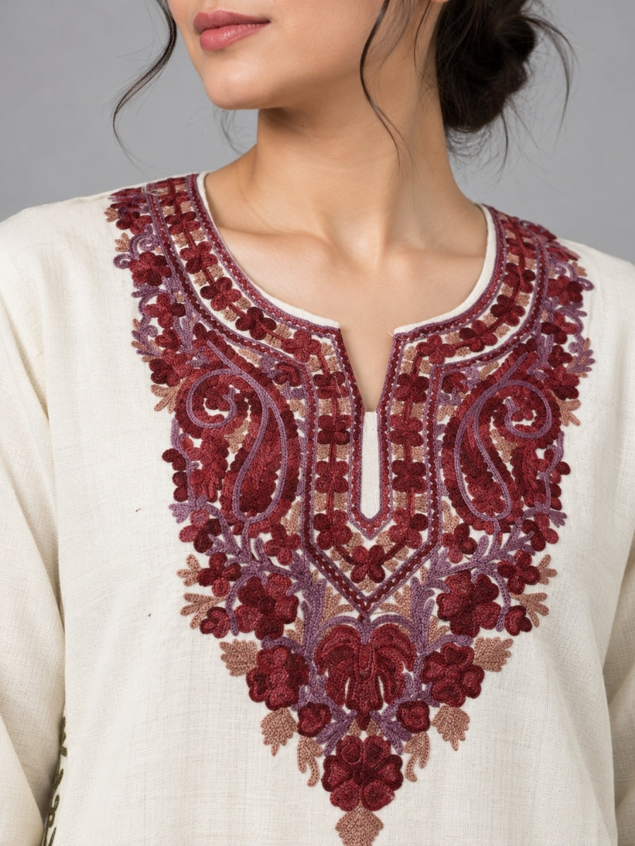 White Kashmiri Pheran with Floral Embroidery | Aari Embroidered Wool Phiran