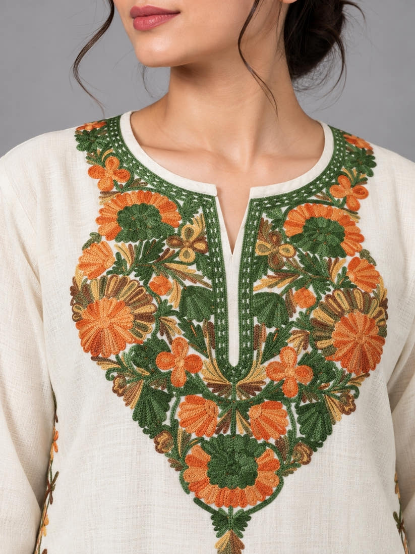 White Kashmiri Pheran with Floral Embroidery | Aari Embroidered Wool Phiran